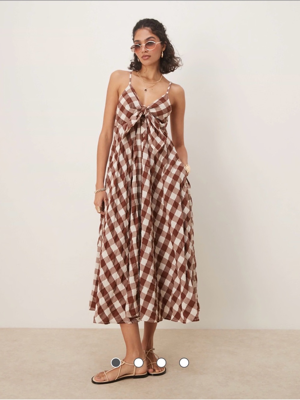 Free People Strapless Gingham Maxi Dress in Brown and Cream